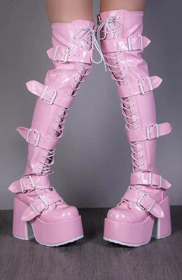 Multi Buckle High Platform Heel Over The Knee Punk Boots In Black or Pink Pleasures and Sins