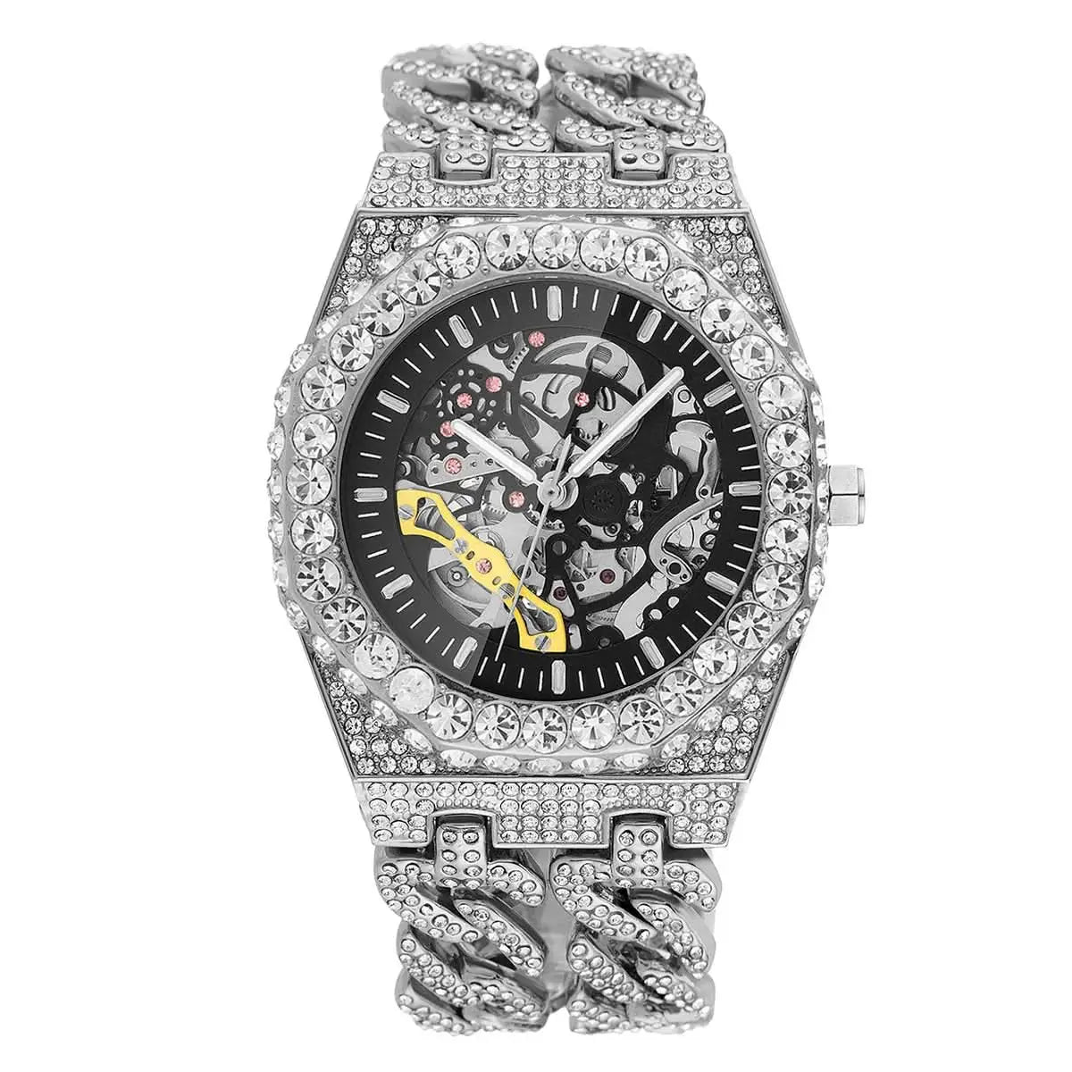 Full Diamond Cuban Link Watch - Automatic with Stunning Jewels Pleasures and Sins