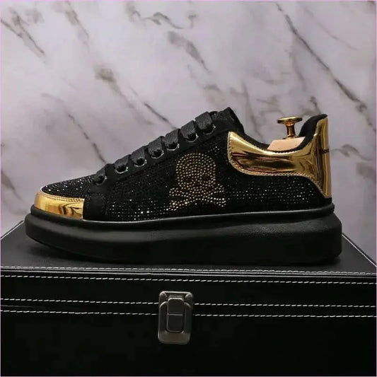Black Casual Shoes with Gold Rhinestone Skull Design Pleasures and Sins