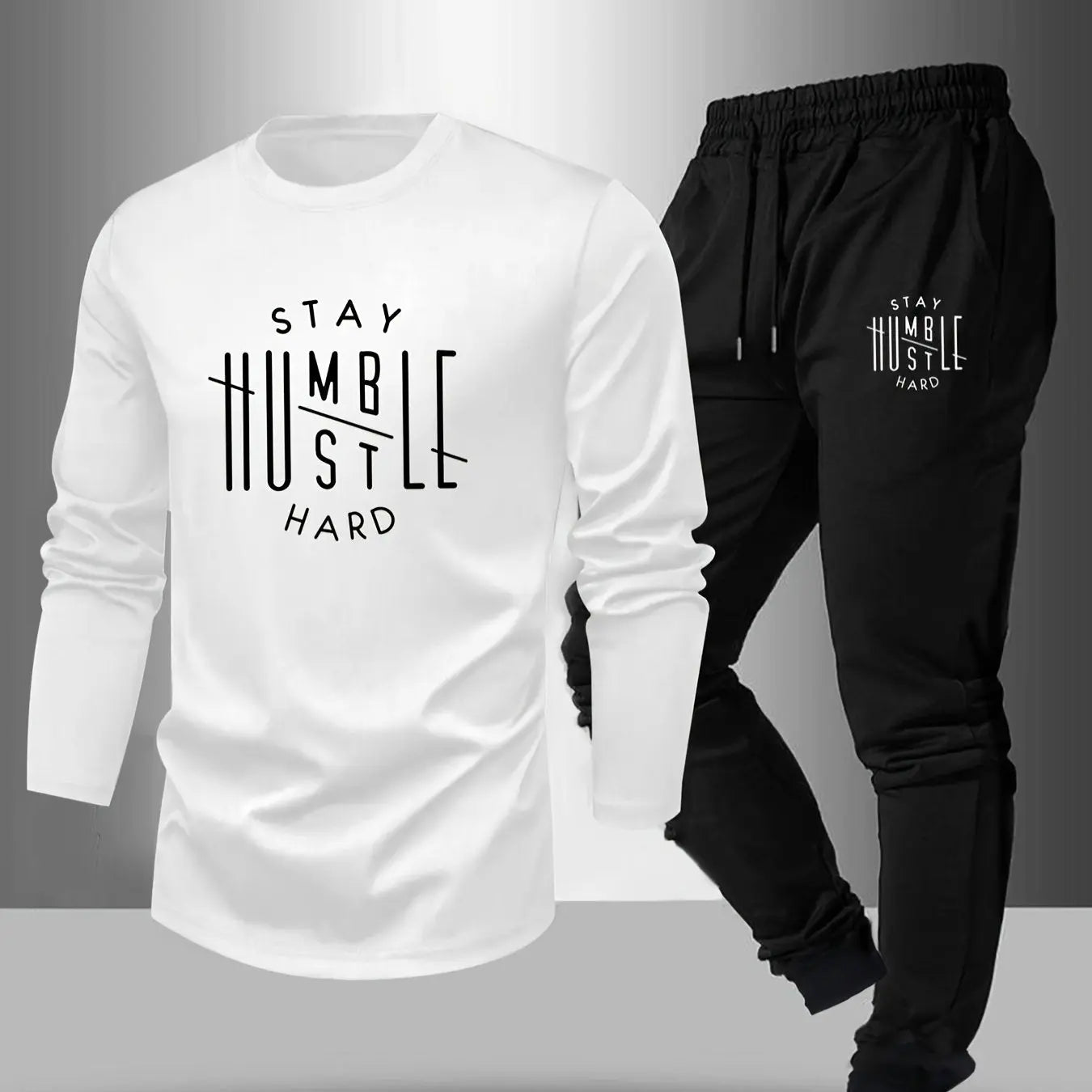 Men’s “STAY HUSTLE HARD” Long Sleeve T-Shirt & Jogger Set – 2-Piece Casual Outfit with Bold Print, Stretch Fabric, and Elastic Waistband for Spring/Fall Kenike