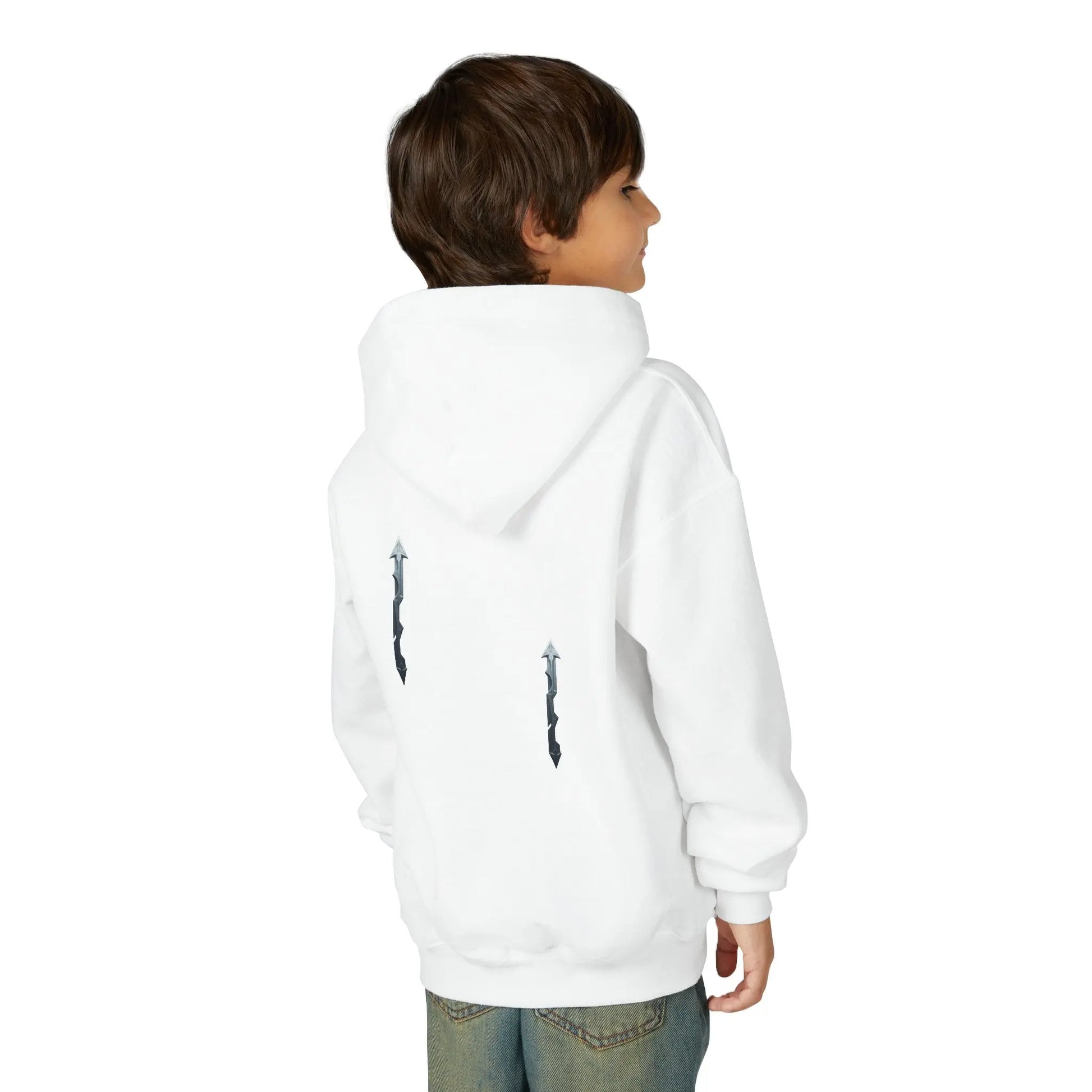 “House of JAB Kids Hoodie – Logo & Arrow Motif (Red, Royal, White)” Printify