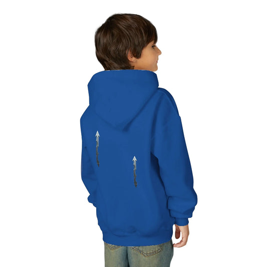 “House of JAB Kids Hoodie – Logo & Arrow Motif (Red, Royal, White)” Printify