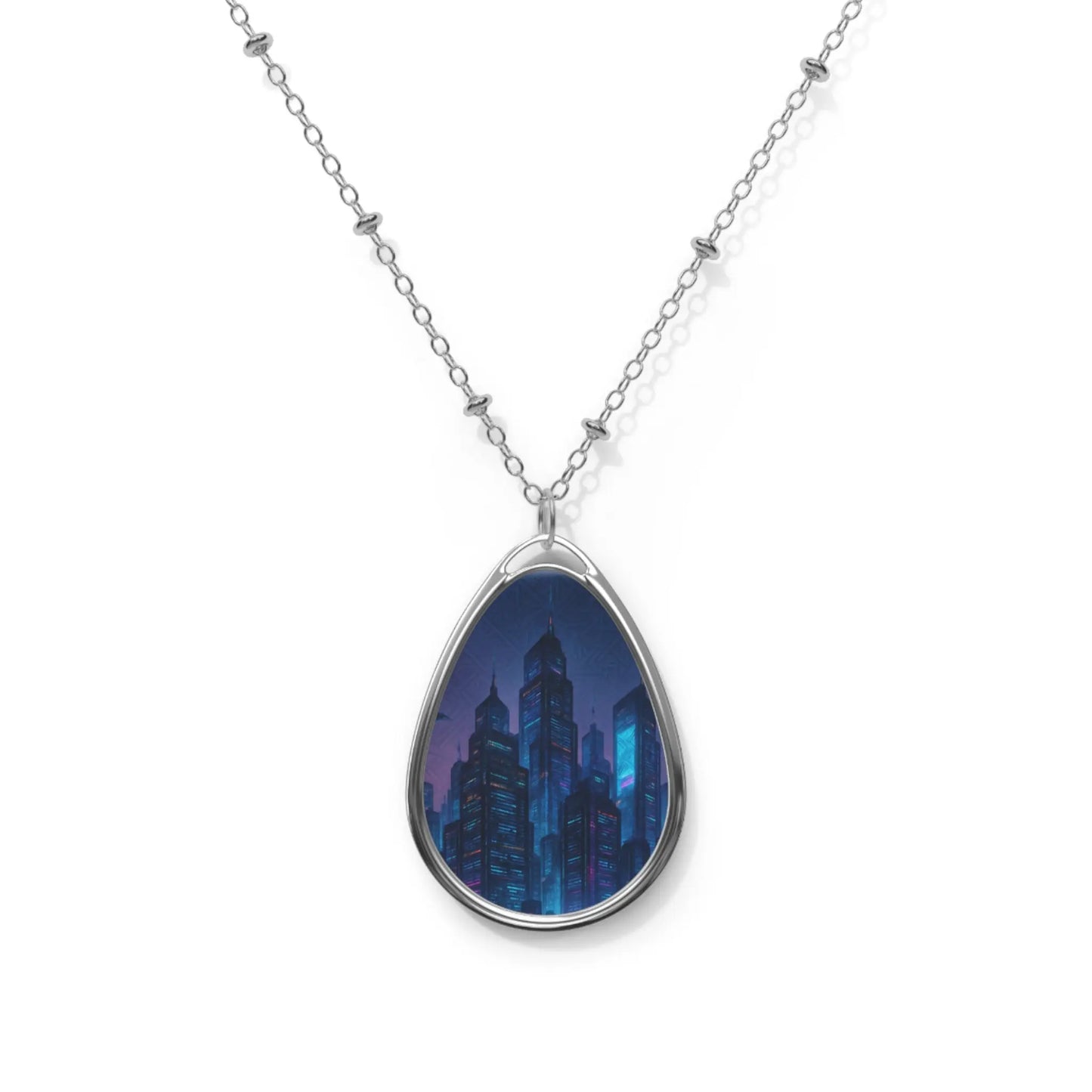 “House of JAB Cityscape Pendant Necklace – Teardrop Silver Chain” Printify