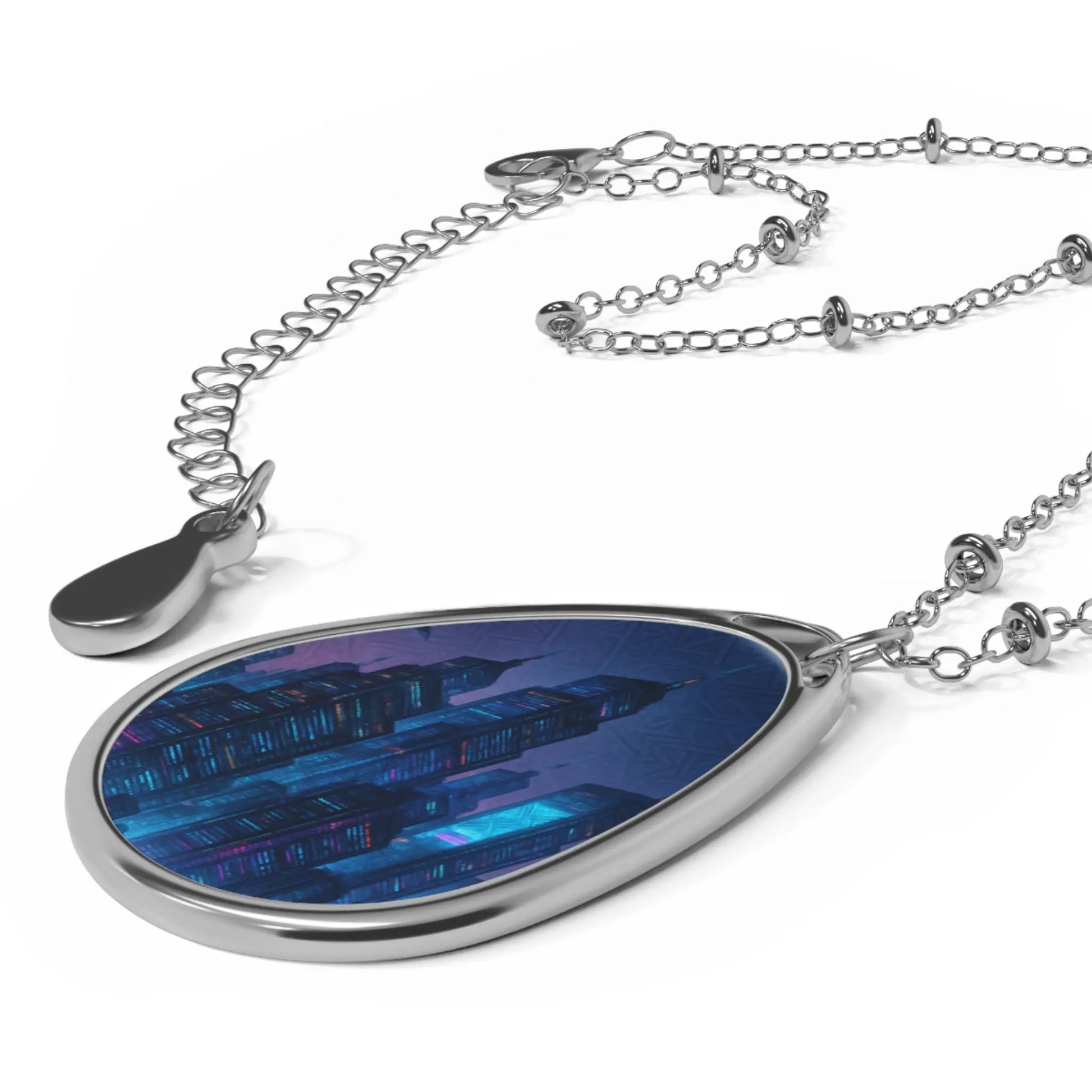 “House of JAB Cityscape Pendant Necklace – Teardrop Silver Chain” Printify