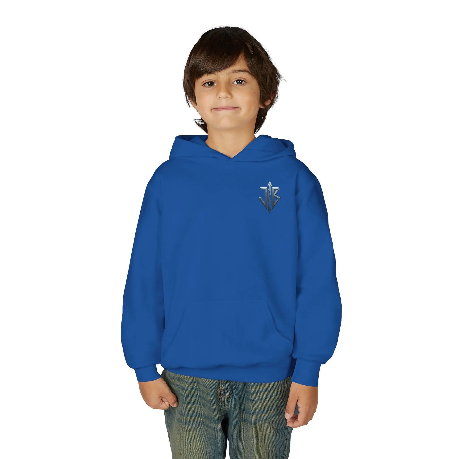 “House of JAB Kids Hoodie – Logo & Arrow Motif (Red, Royal, White)” Printify
