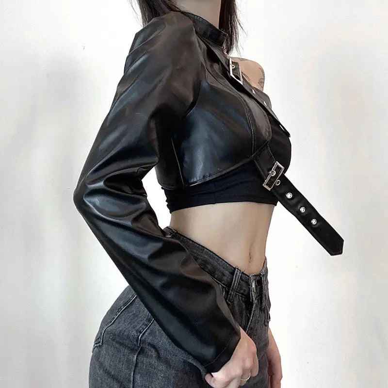 Asymmetrical Metal Buckle Halter Pu Leather Single-Sided Sleeve Leather Jacket Pleasures and Sins