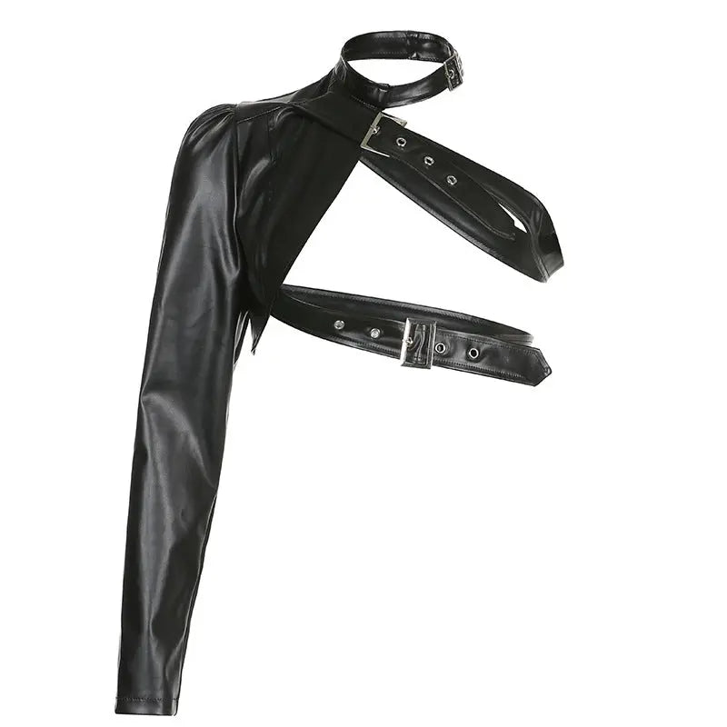 Asymmetrical Metal Buckle Halter Pu Leather Single-Sided Sleeve Leather Jacket Pleasures and Sins
