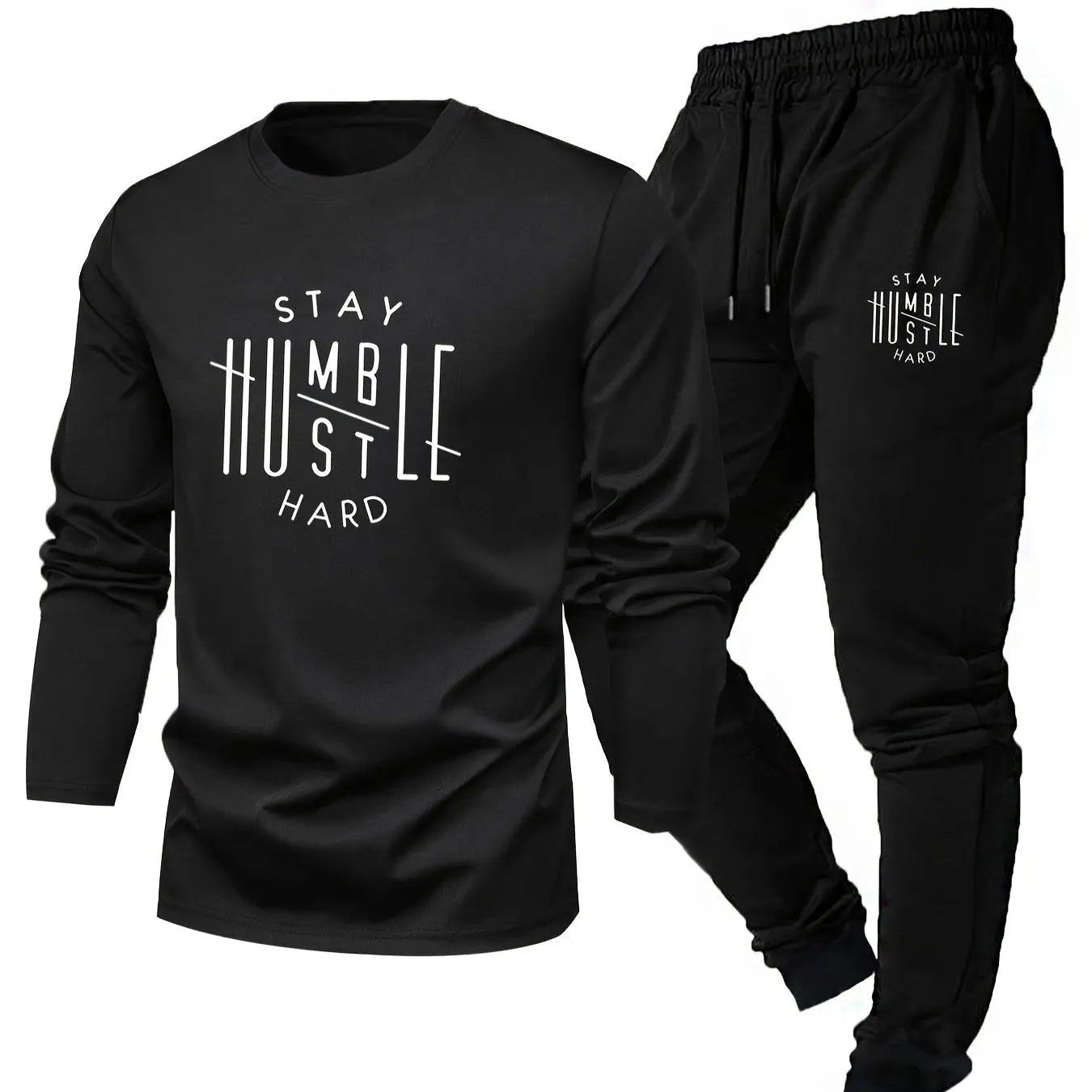 Men’s “STAY HUSTLE HARD” Long Sleeve T-Shirt & Jogger Set – 2-Piece Casual Outfit with Bold Print, Stretch Fabric, and Elastic Waistband for Spring/Fall Kenike