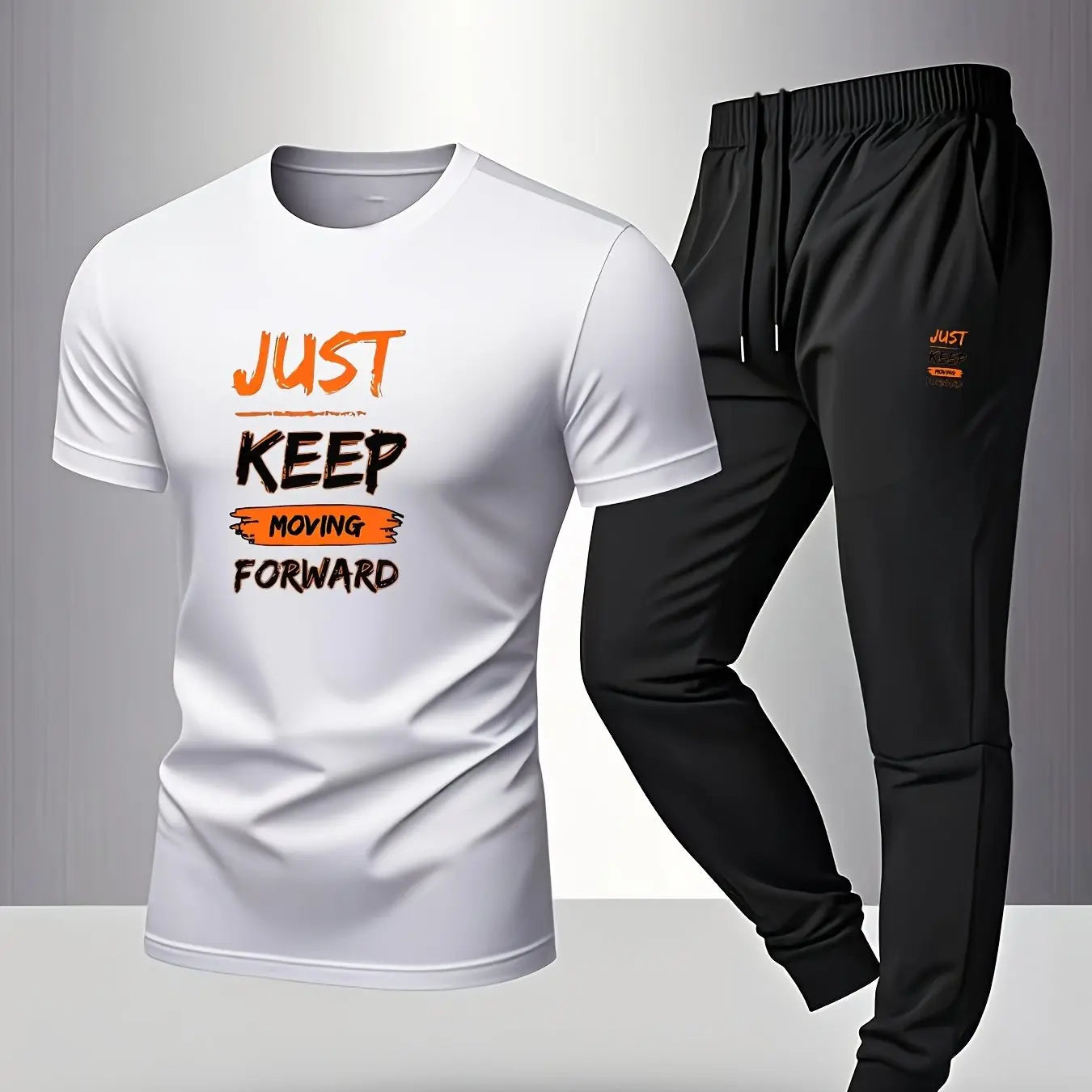 Men’s Breathable Athletic Set – White “Just Keep Moving” T-Shirt & Black Joggers Kenike