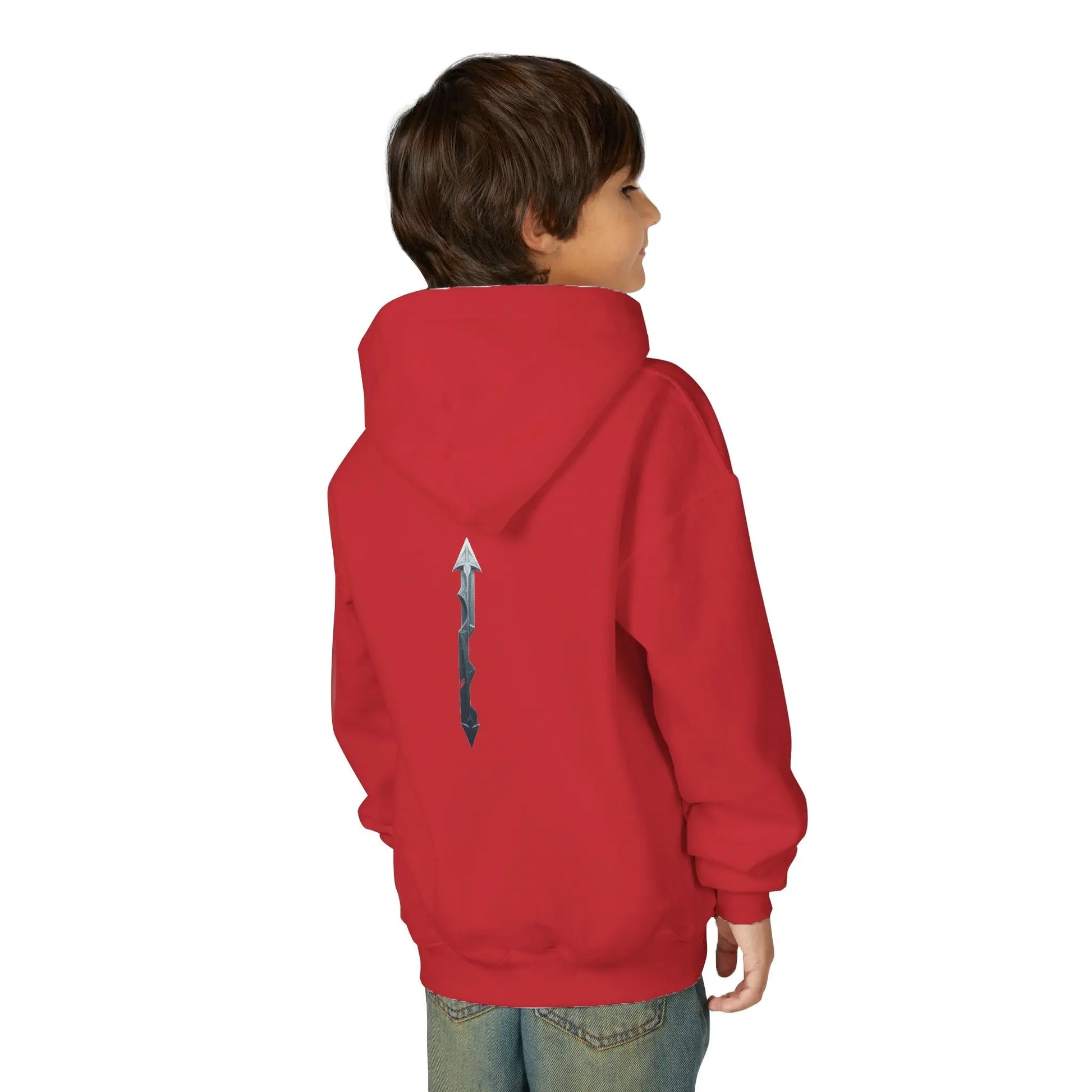 “House of JAB Kids Hoodie – Logo & Arrow Motif (Red, Royal, White)” Printify