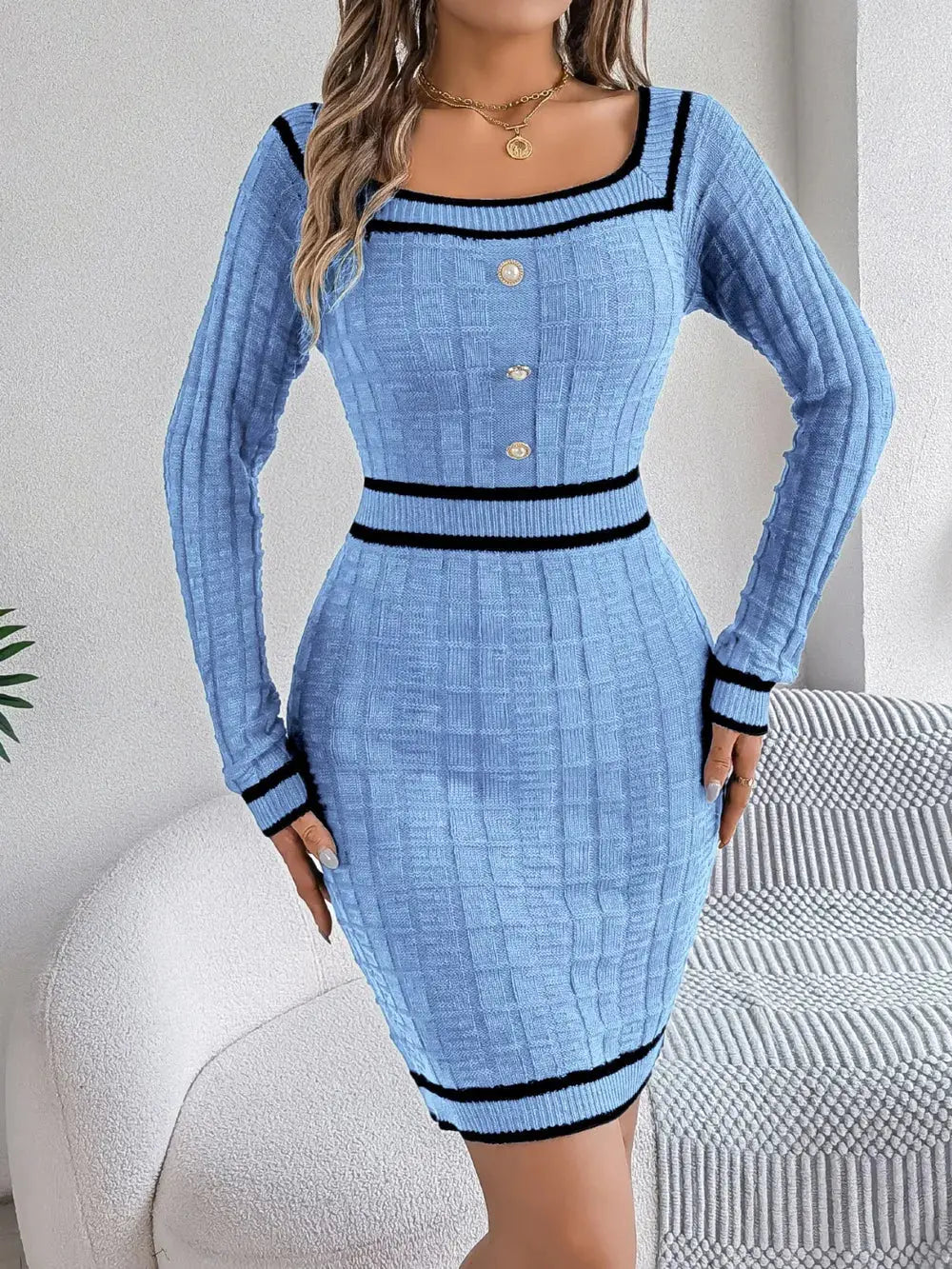 Contrast Trim Long Sleeve Sweater Dress Kenike