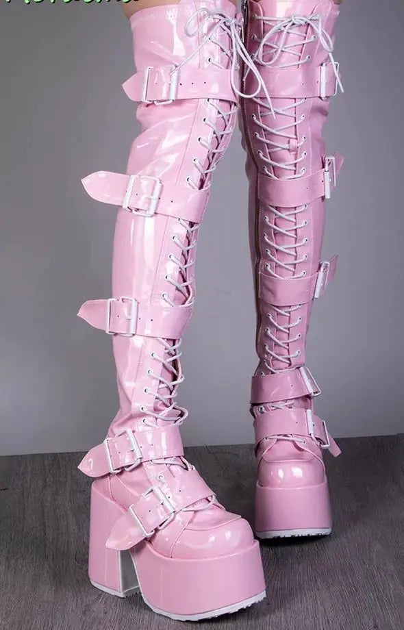 Multi Buckle High Platform Heel Over The Knee Punk Boots In Black or Pink Pleasures and Sins