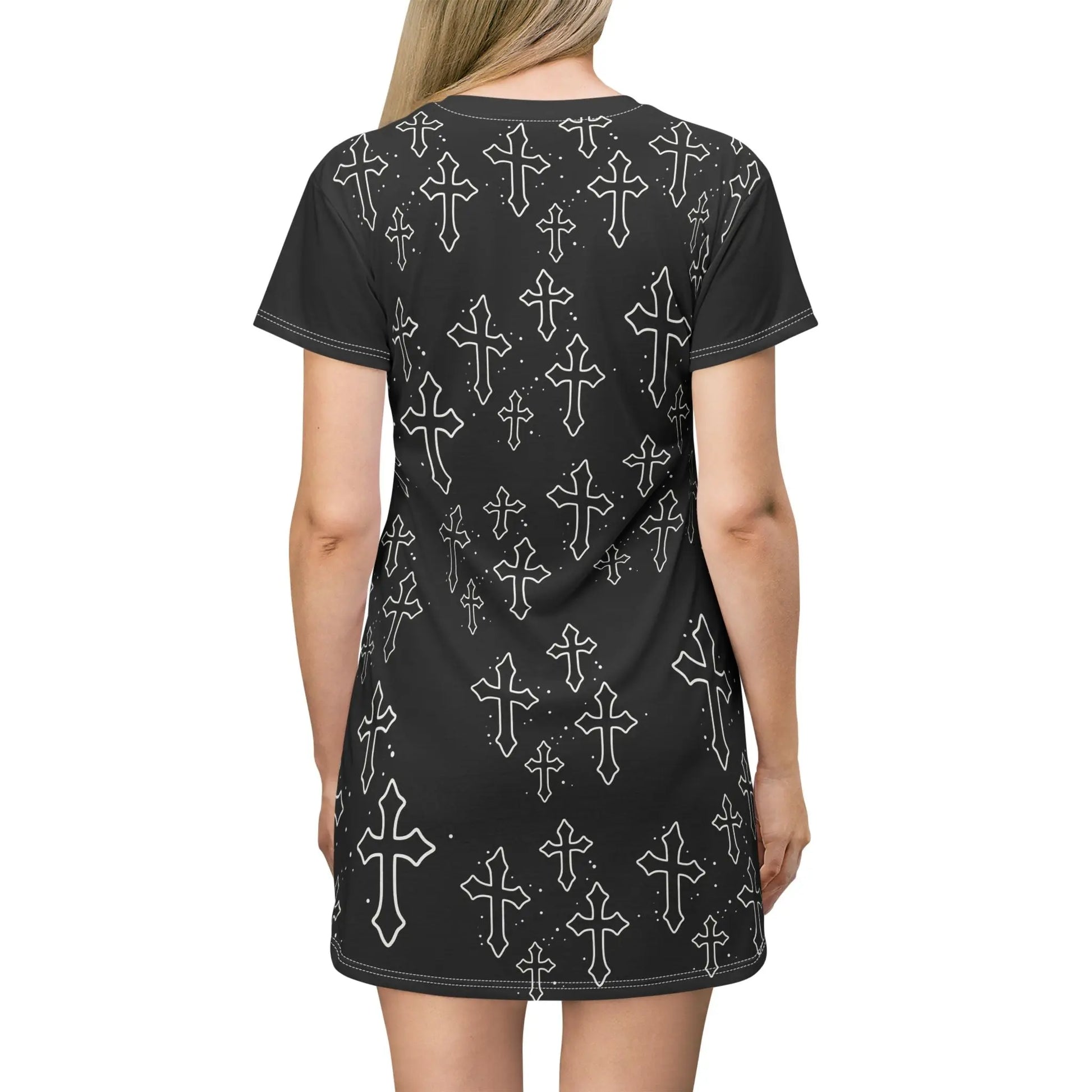 Gothic Cross All-Over Print T-Shirt Dress – Black Printify