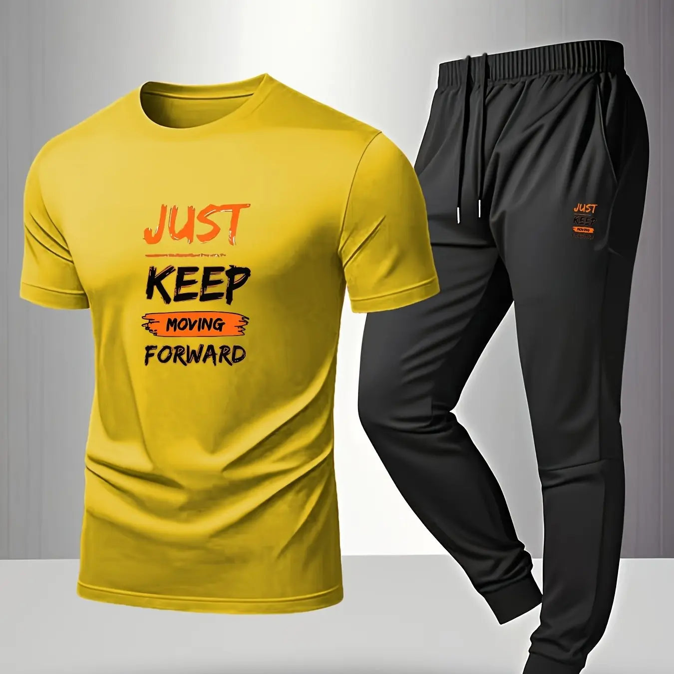 Men’s Breathable Athletic Set – White “Just Keep Moving” T-Shirt & Black Joggers Kenike