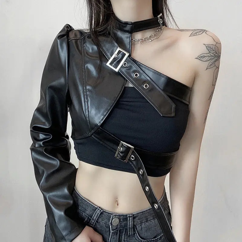 Asymmetrical Metal Buckle Halter Pu Leather Single-Sided Sleeve Leather Jacket Pleasures and Sins