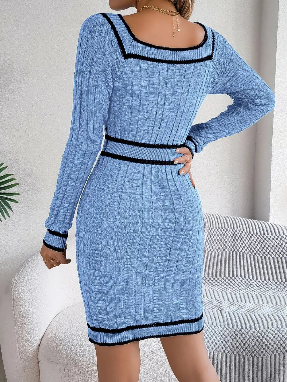 Contrast Trim Long Sleeve Sweater Dress Kenike