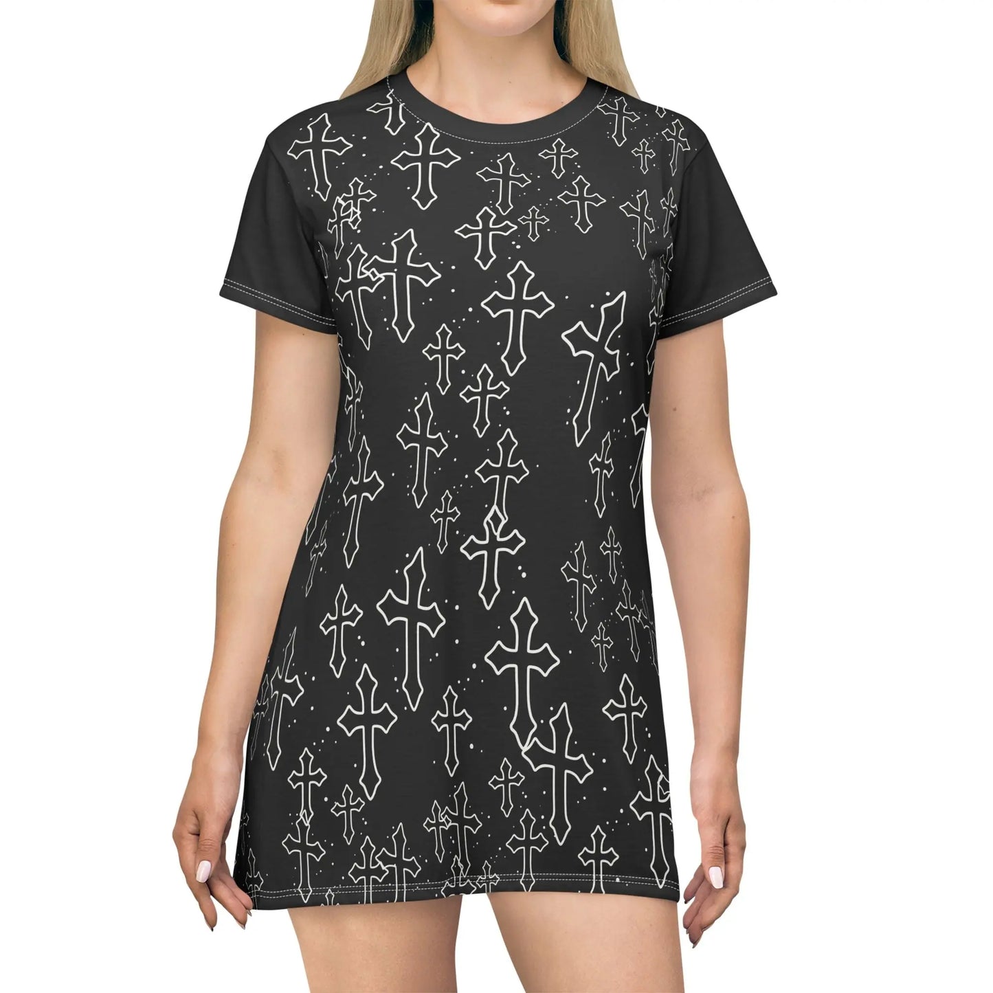 Gothic Cross All-Over Print T-Shirt Dress – Black Printify