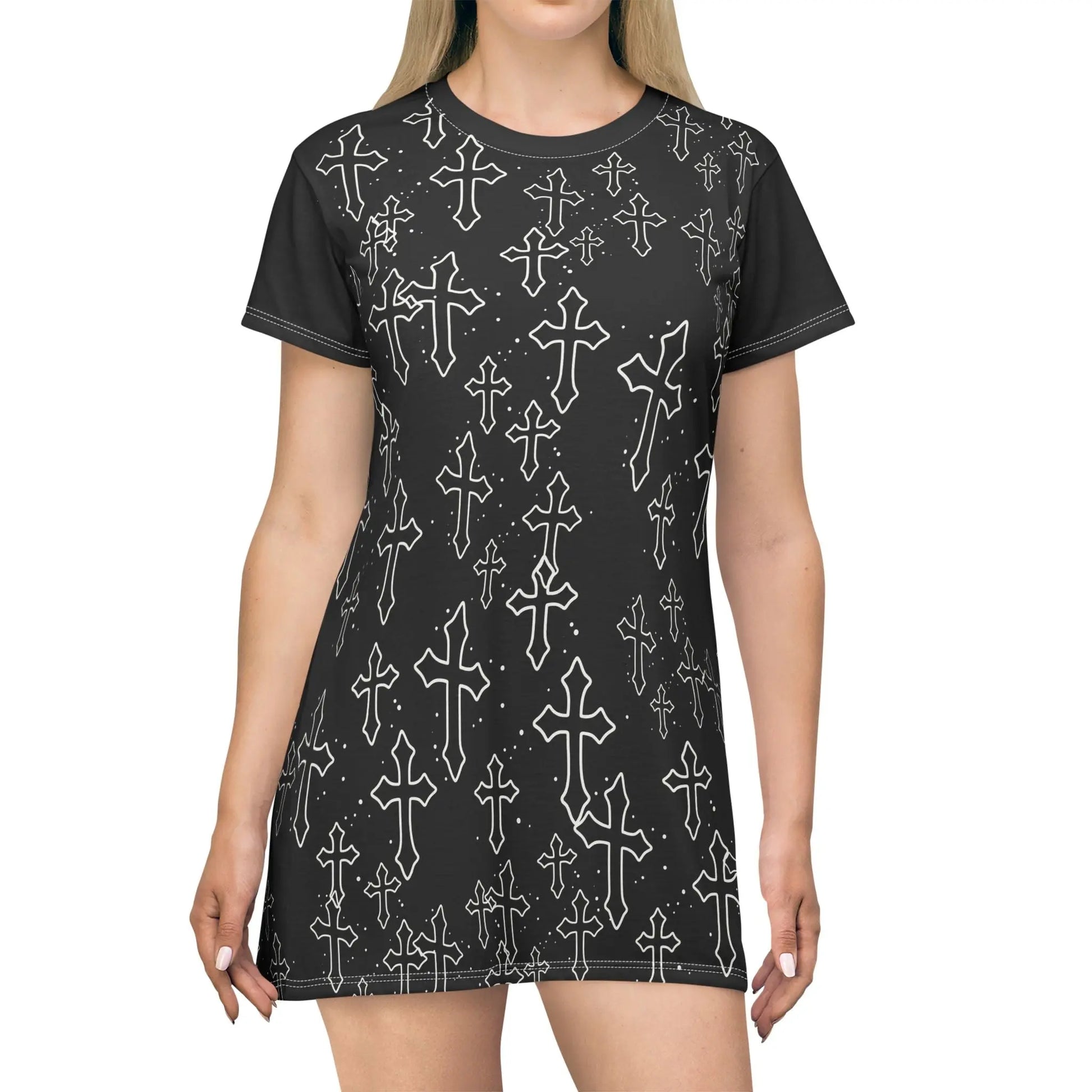 Gothic Cross All-Over Print T-Shirt Dress – Black Printify
