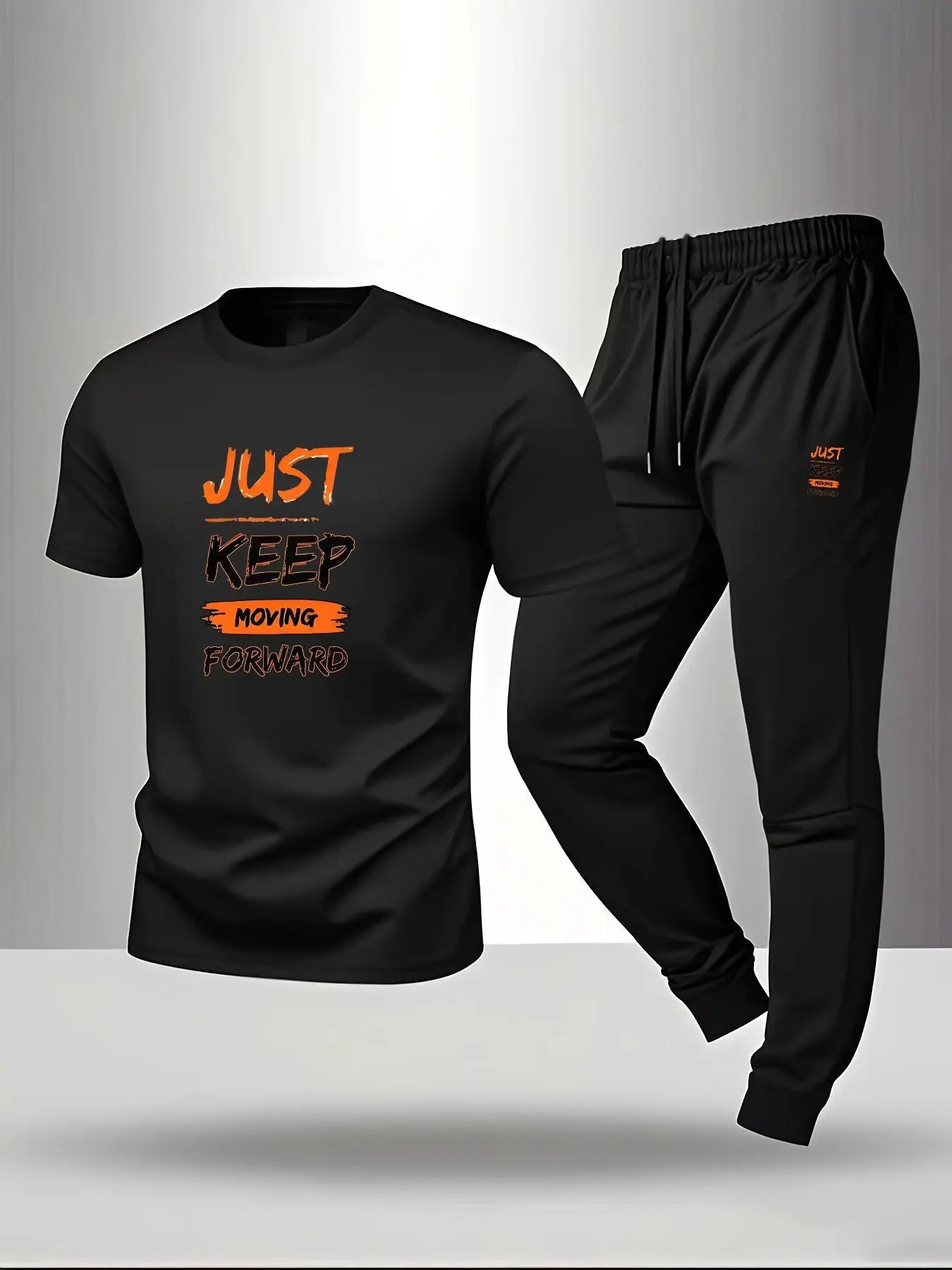 Men’s Breathable Athletic Set – White “Just Keep Moving” T-Shirt & Black Joggers Kenike