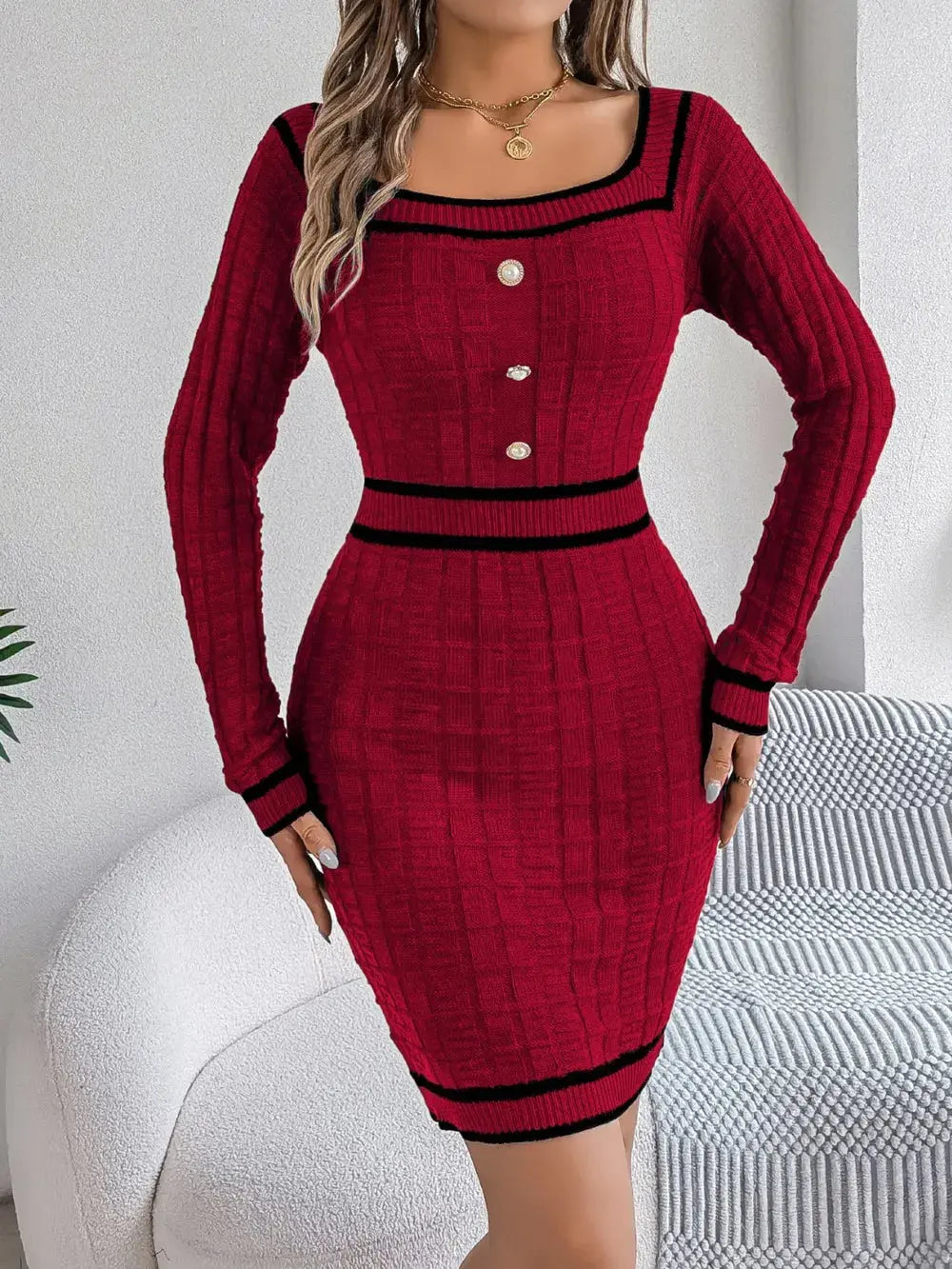 Contrast Trim Long Sleeve Sweater Dress Kenike