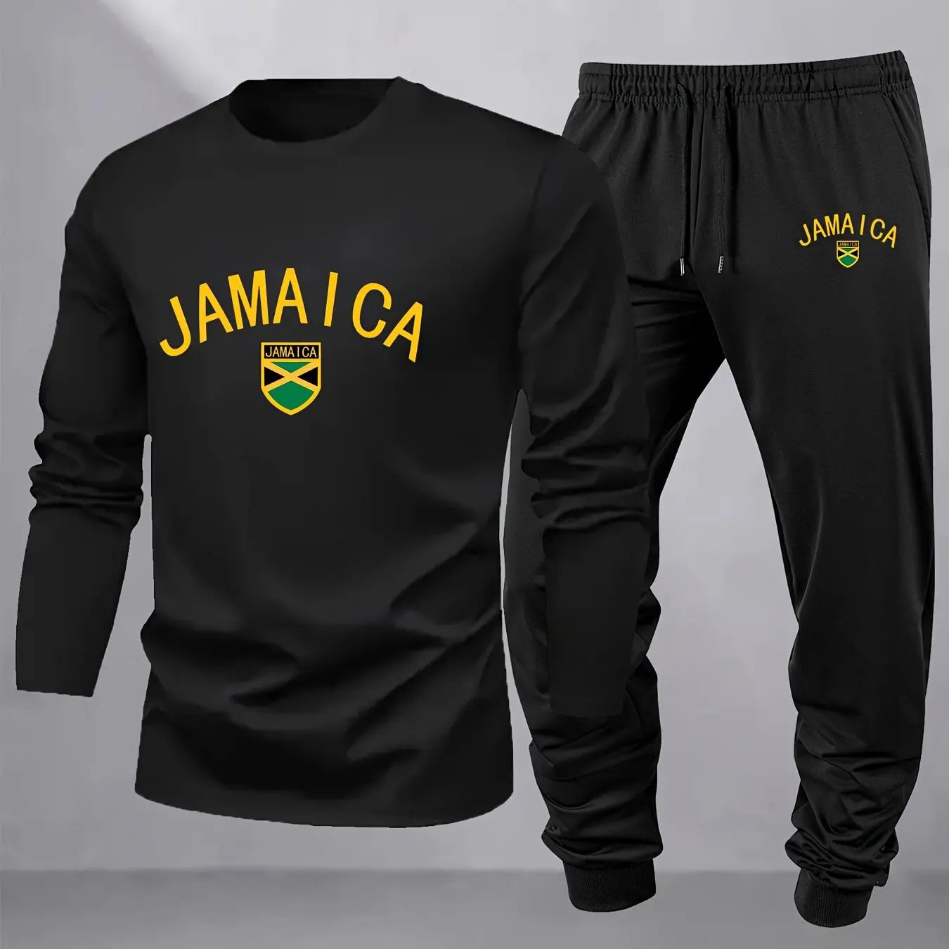 Men's Casual Long-Sleeved Hoodie and Trousers Set with Jamaica Letter Flag Print Kenike