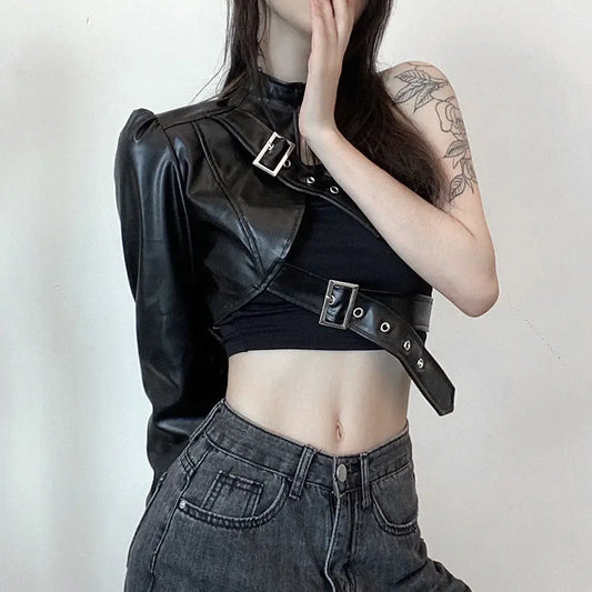 Asymmetrical Metal Buckle Halter Pu Leather Single-Sided Sleeve Leather Jacket Pleasures and Sins