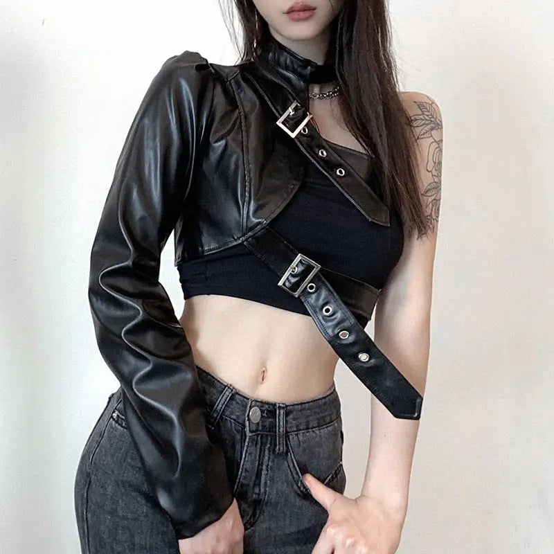Asymmetrical Metal Buckle Halter Pu Leather Single-Sided Sleeve Leather Jacket Pleasures and Sins