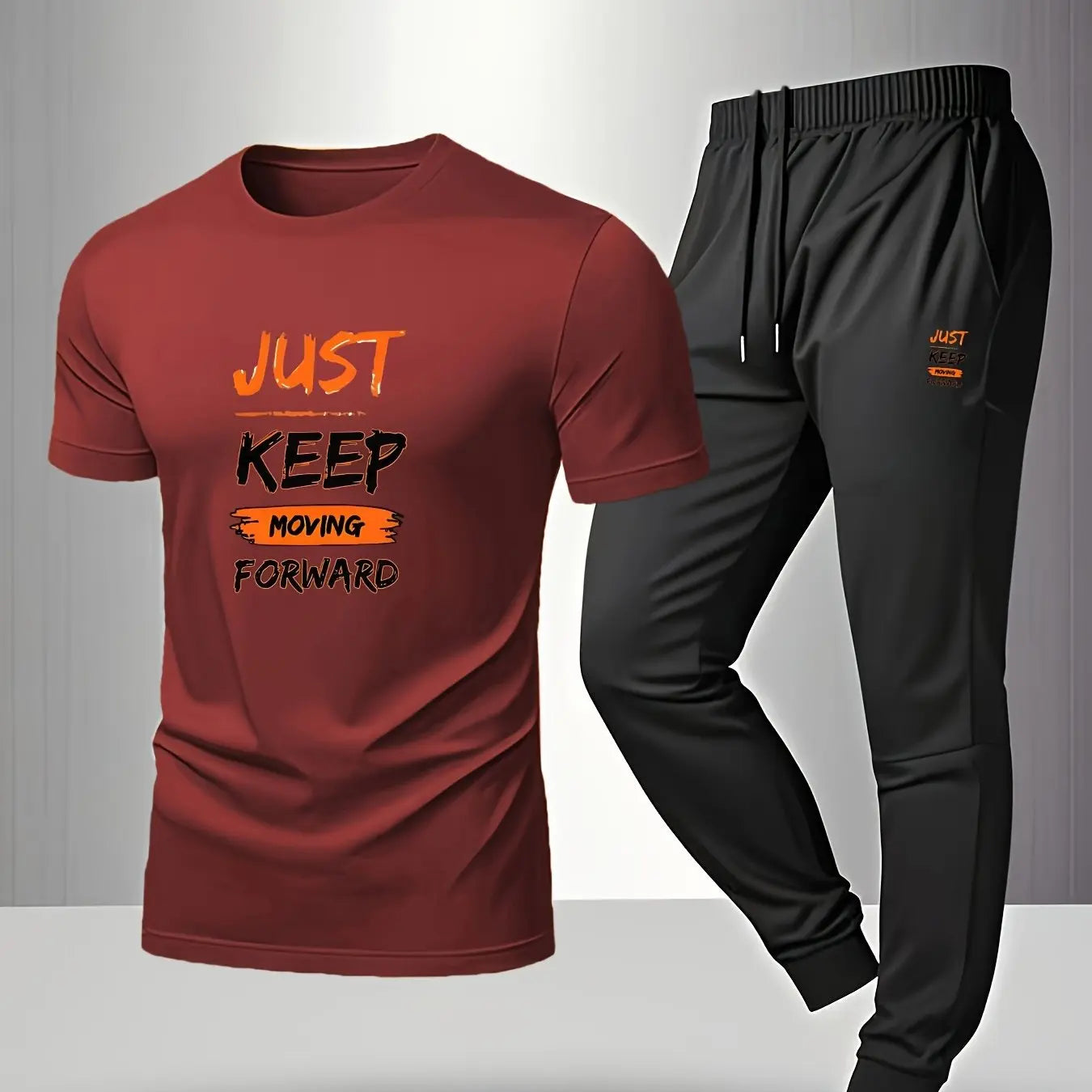Men’s Breathable Athletic Set – White “Just Keep Moving” T-Shirt & Black Joggers Kenike