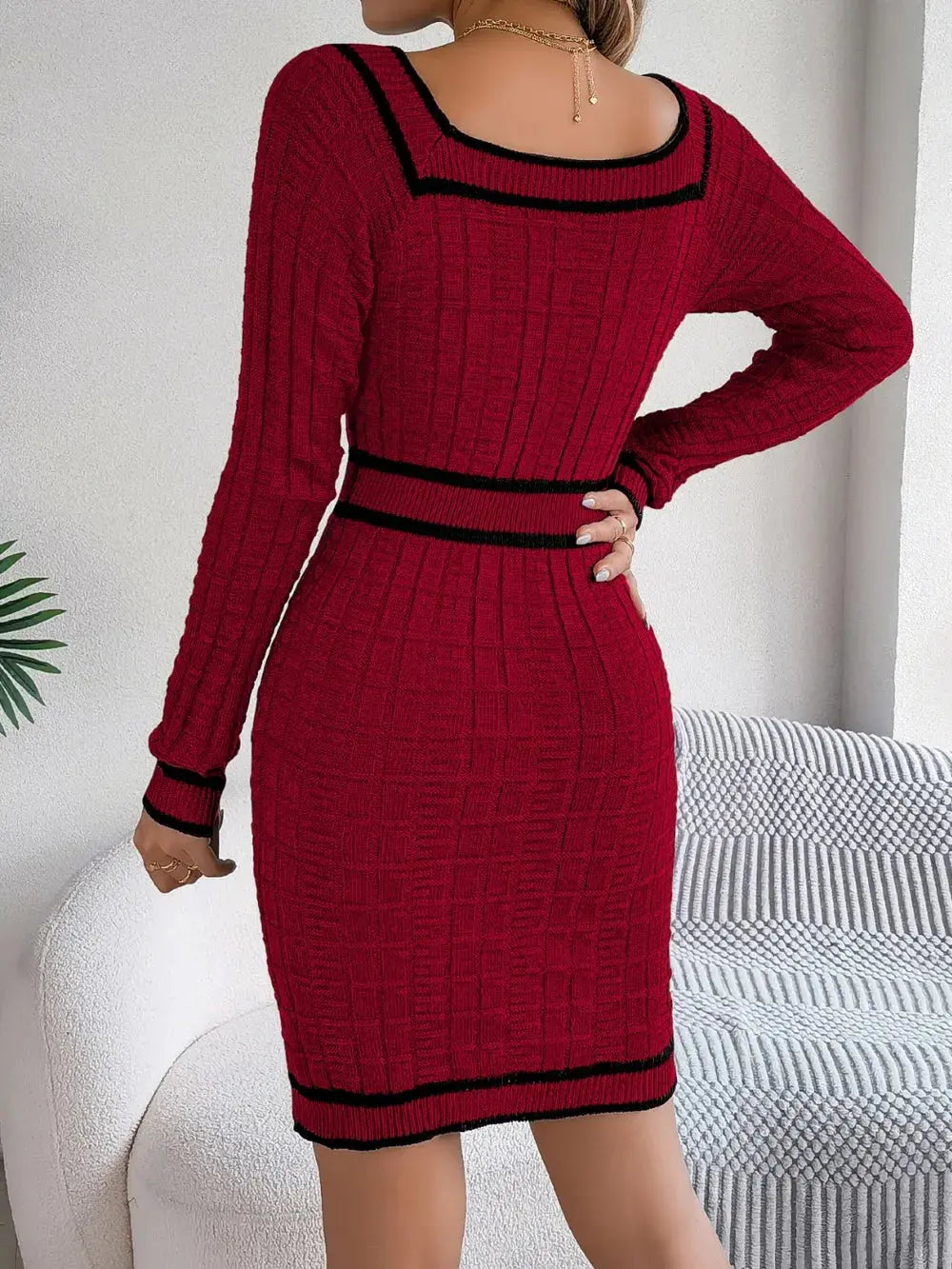 Contrast Trim Long Sleeve Sweater Dress Kenike