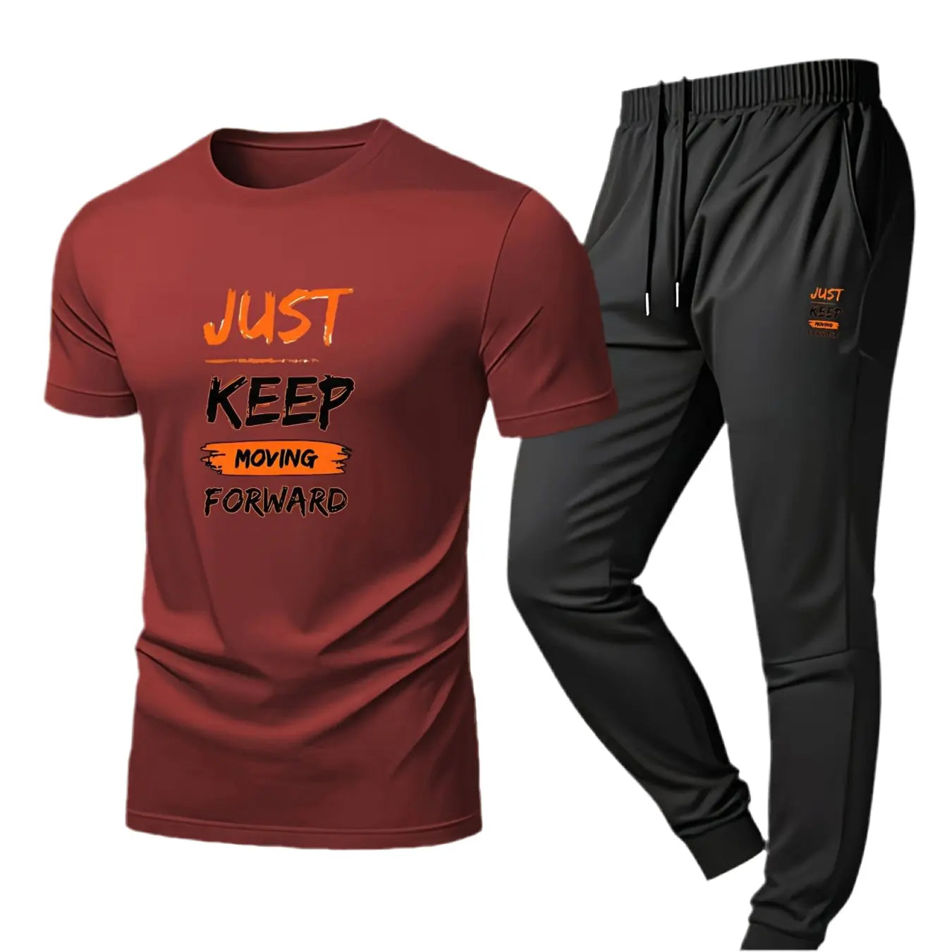 Men’s Breathable Athletic Set – White “Just Keep Moving” T-Shirt & Black Joggers Kenike