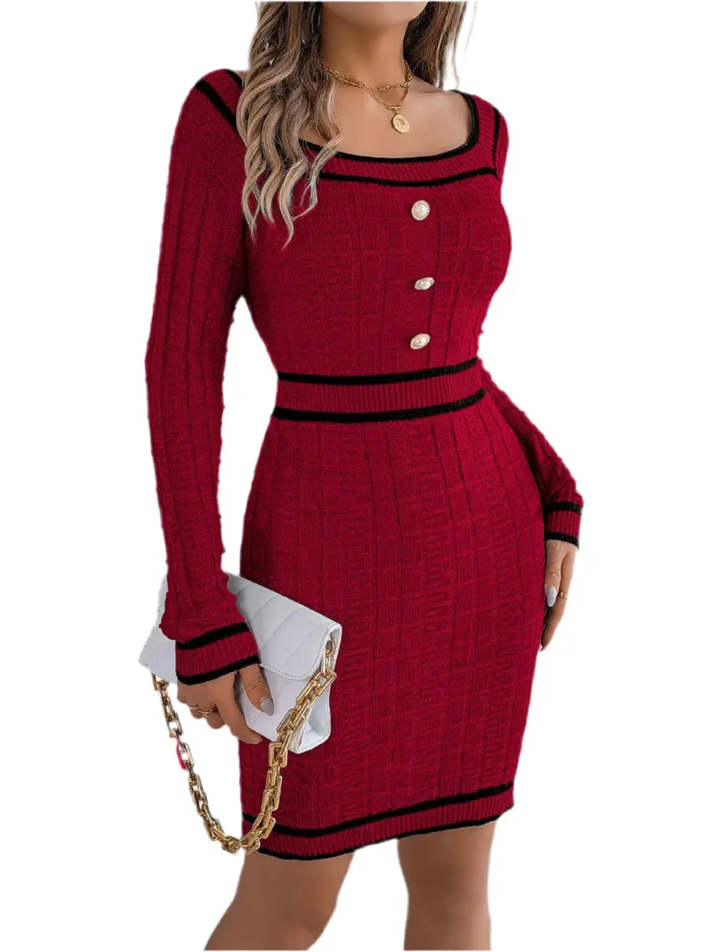 Contrast Trim Long Sleeve Sweater Dress Kenike