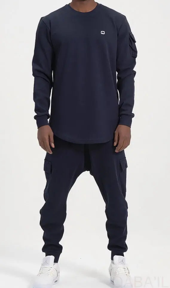 QL Sniper Set Cargo Joggers and Longline Top in Navy Blue MOOMENN