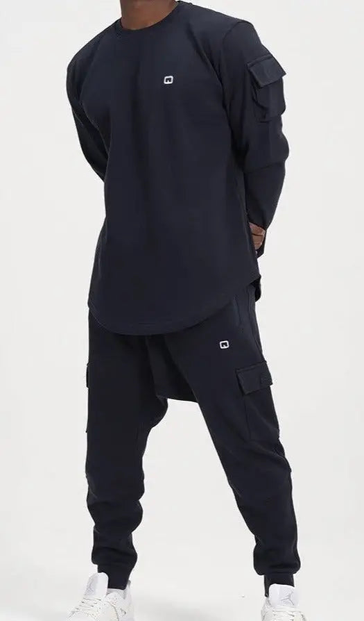 QL Sniper Set Cargo Joggers and Longline Top in Navy Blue MOOMENN