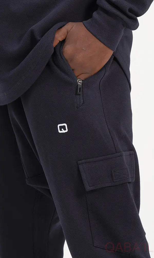 QL Sniper Set Cargo Joggers and Longline Top in Navy Blue MOOMENN