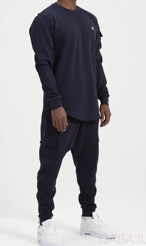 QL Sniper Set Cargo Joggers and Longline Top in Navy Blue MOOMENN