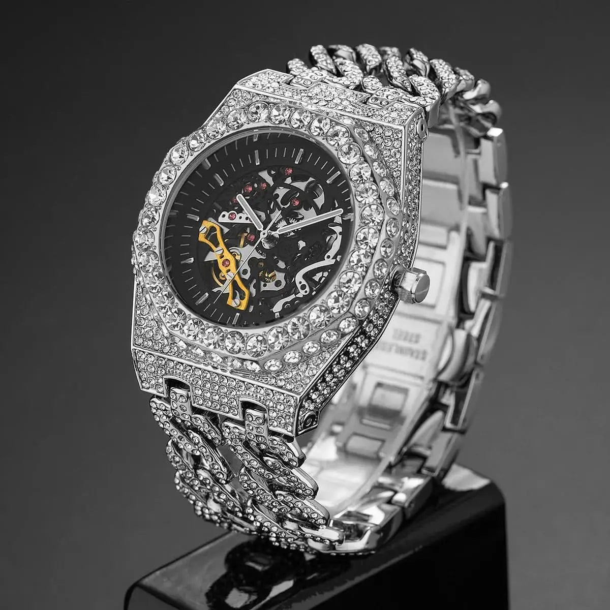 Full Diamond Cuban Link Watch - Automatic with Stunning Jewels Pleasures and Sins