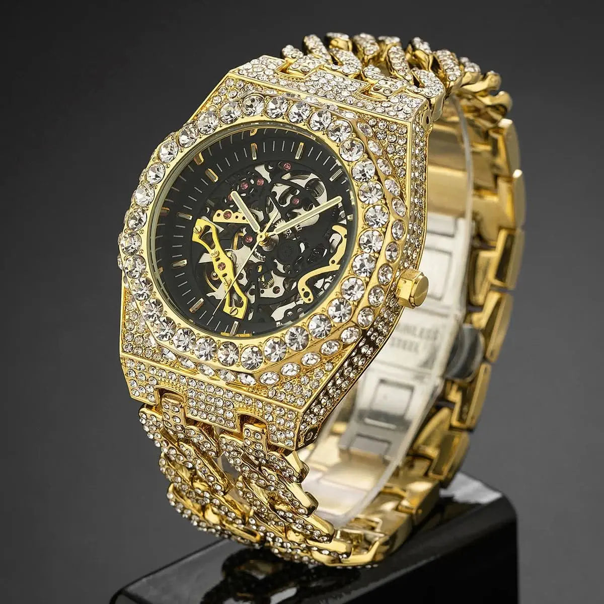 Full Diamond Cuban Link Watch - Automatic with Stunning Jewels Pleasures and Sins