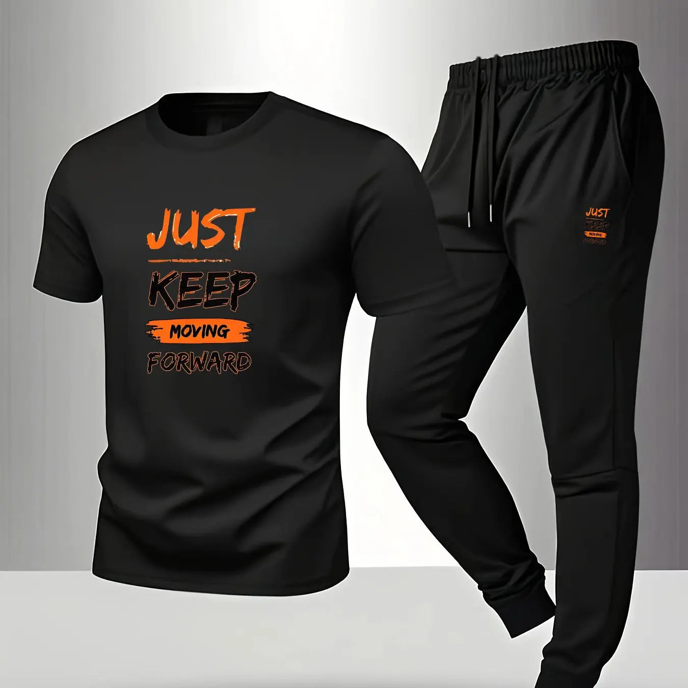 Men’s Breathable Athletic Set – White “Just Keep Moving” T-Shirt & Black Joggers Kenike