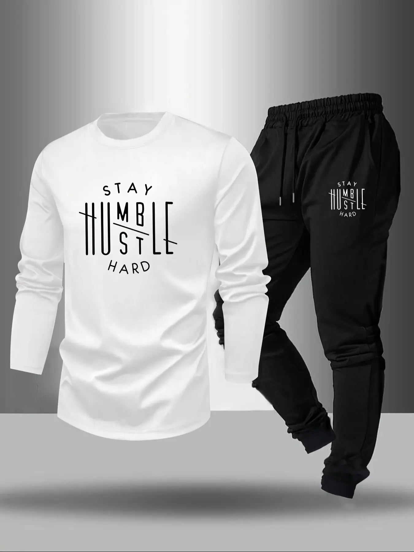 Men’s “STAY HUSTLE HARD” Long Sleeve T-Shirt & Jogger Set – 2-Piece Casual Outfit with Bold Print, Stretch Fabric, and Elastic Waistband for Spring/Fall Kenike
