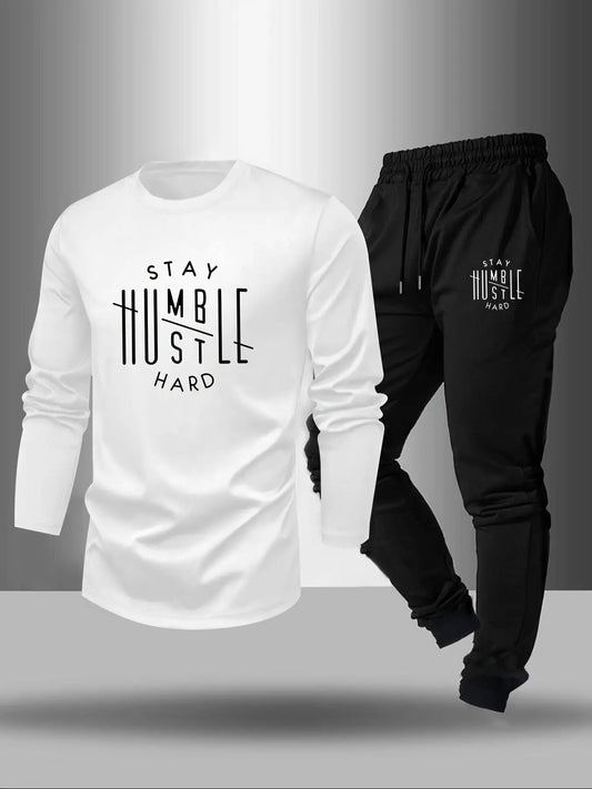Men’s “STAY HUSTLE HARD” Long Sleeve T-Shirt & Jogger Set – 2-Piece Casual Outfit with Bold Print, Stretch Fabric, and Elastic Waistband for Spring/Fall Kenike