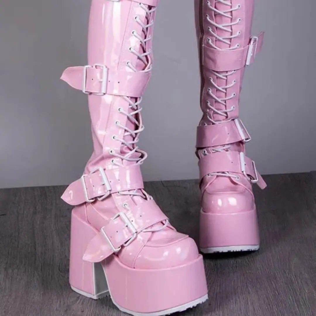Multi Buckle High Platform Heel Over The Knee Punk Boots In Black or Pink Pleasures and Sins