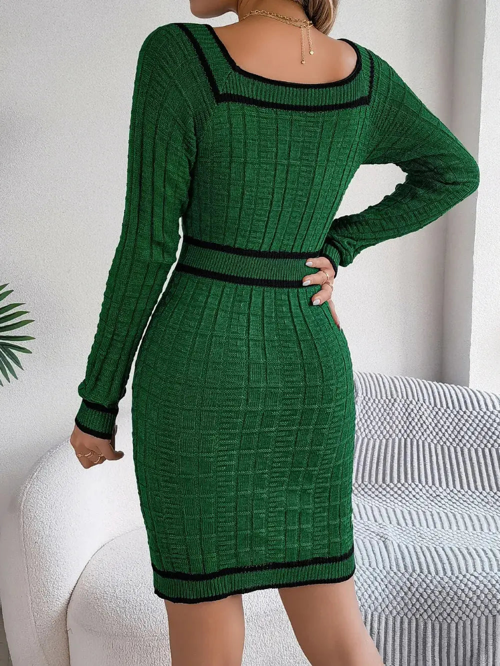 Contrast Trim Long Sleeve Sweater Dress Kenike