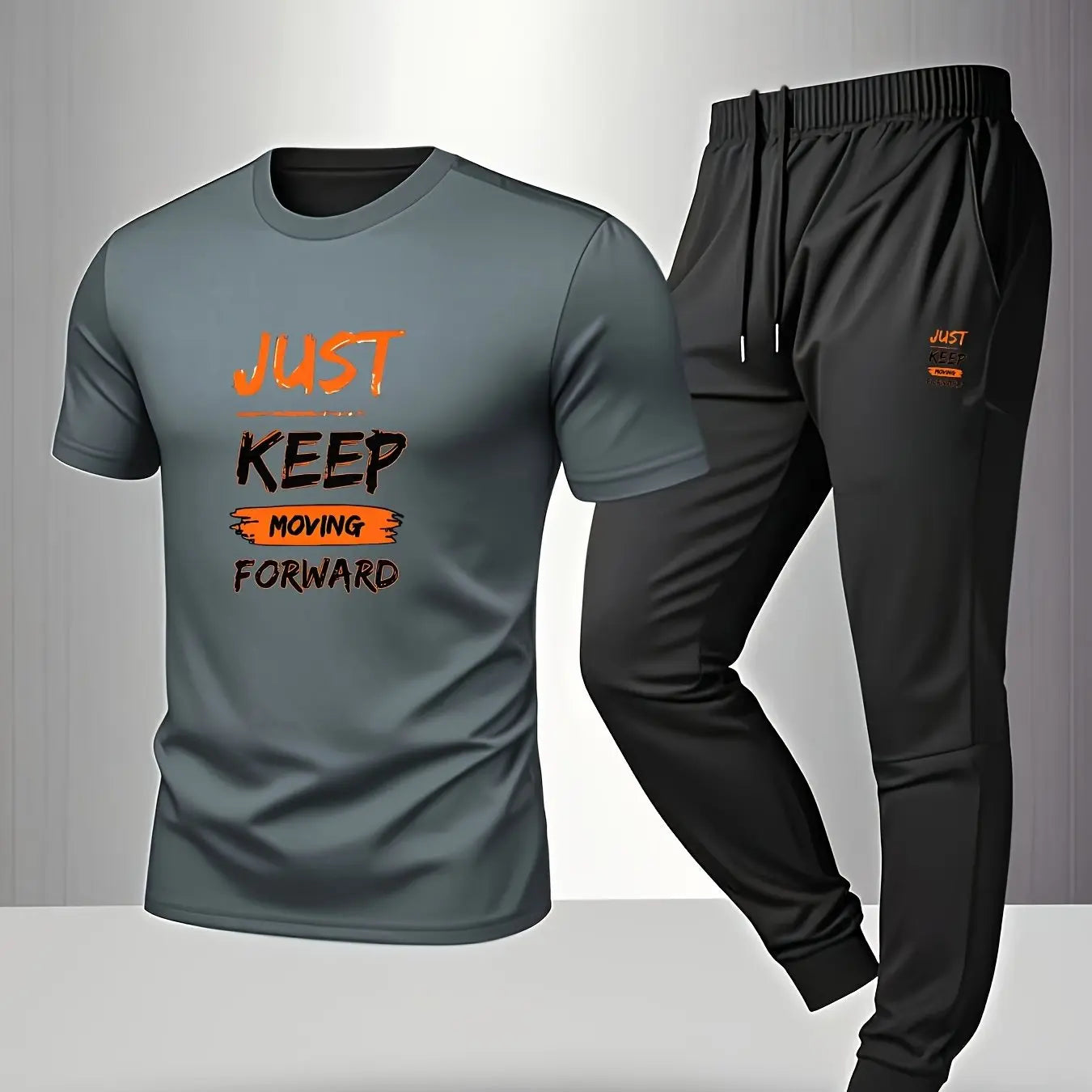 Men’s Breathable Athletic Set – White “Just Keep Moving” T-Shirt & Black Joggers Kenike