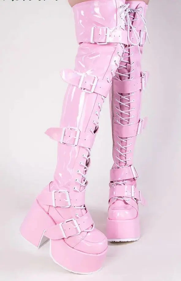 Multi Buckle High Platform Heel Over The Knee Punk Boots In Black or Pink Pleasures and Sins