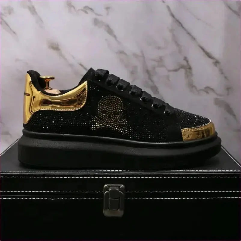 Black Casual Shoes with Gold Rhinestone Skull Design Pleasures and Sins