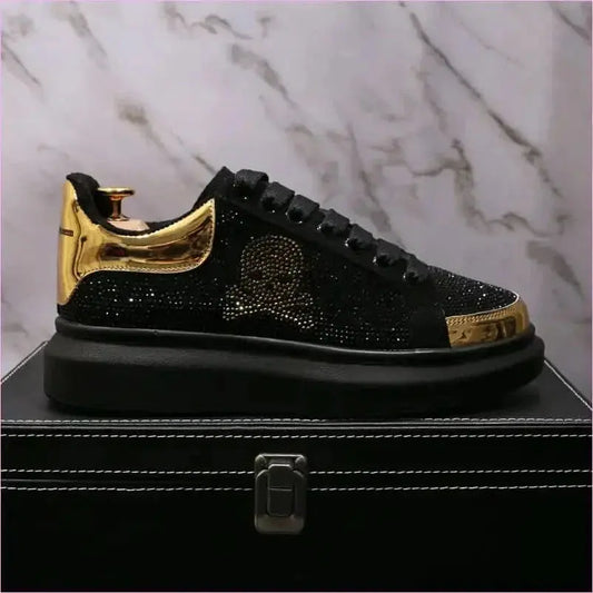 Black Casual Shoes with Gold Rhinestone Skull Design Pleasures and Sins