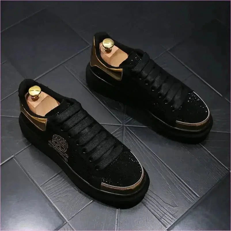 Black Casual Shoes with Gold Rhinestone Skull Design Pleasures and Sins