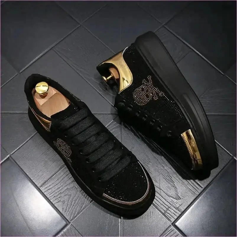 Black Casual Shoes with Gold Rhinestone Skull Design Pleasures and Sins