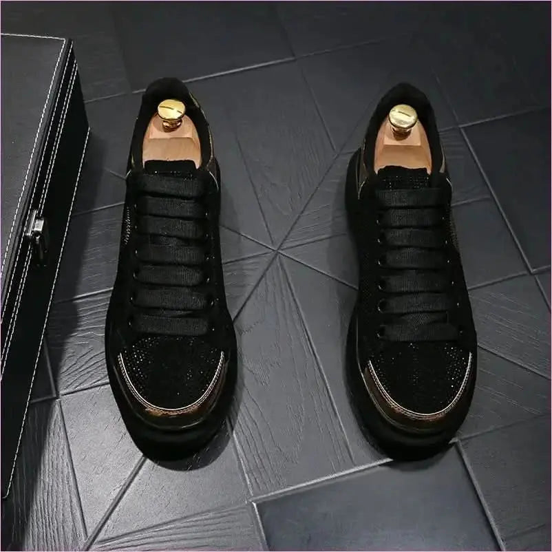 Black Casual Shoes with Gold Rhinestone Skull Design Pleasures and Sins