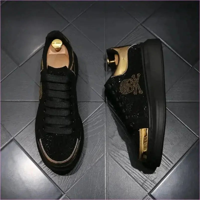 Black Casual Shoes with Gold Rhinestone Skull Design Pleasures and Sins